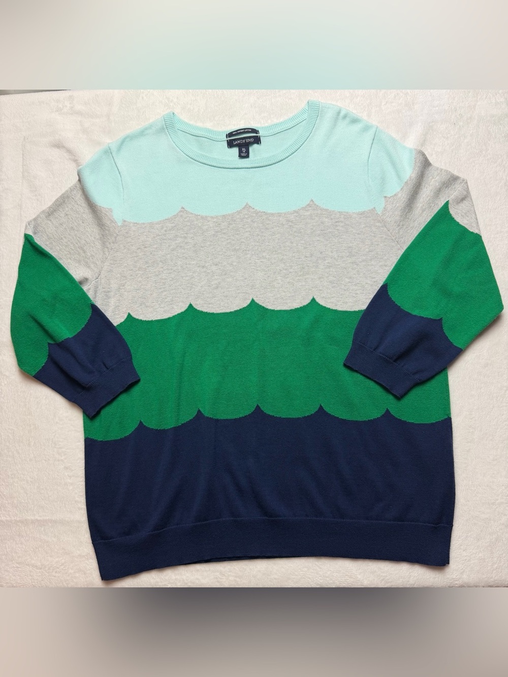 Lands’ End Supima Cotton Scallop Colorblock Sweater XL 18 Green Blue